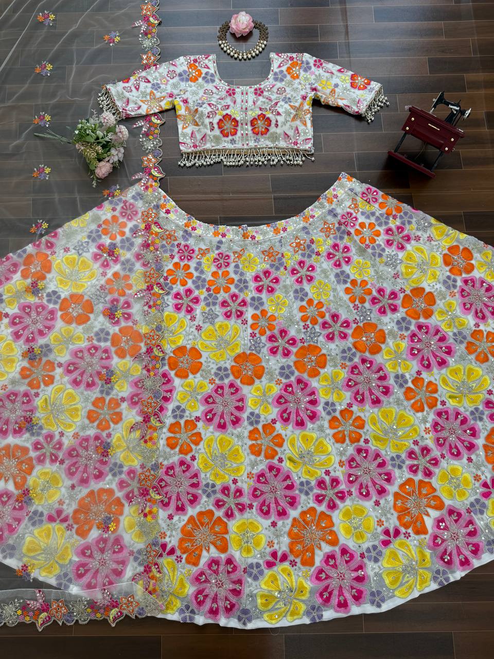 Alluring White Georgette with Sequence Work Lehenga Choli