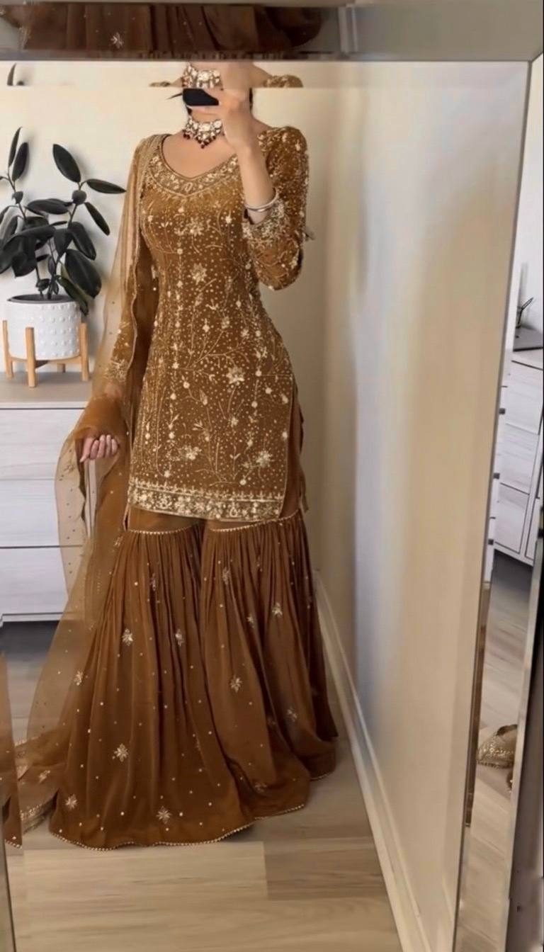 Glorious Brown Georgette Zarkan Work Sharara Suit