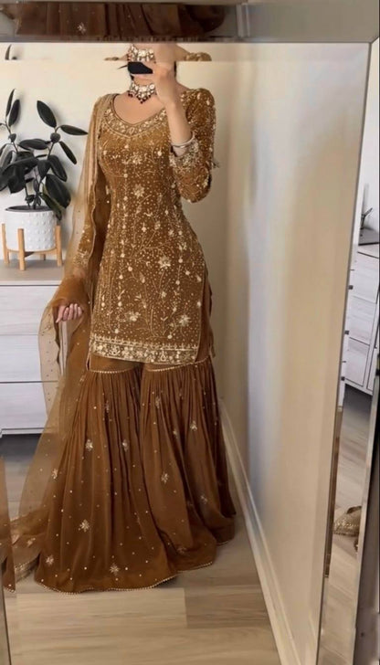 Glorious Brown Georgette Zarkan Work Sharara Suit