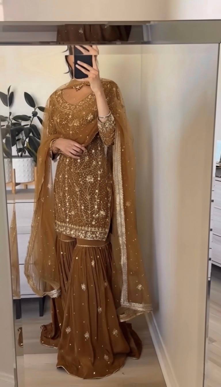 Glorious Brown Georgette Zarkan Work Sharara Suit
