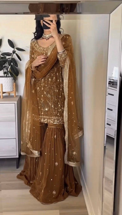 Glorious Brown Georgette Zarkan Work Sharara Suit