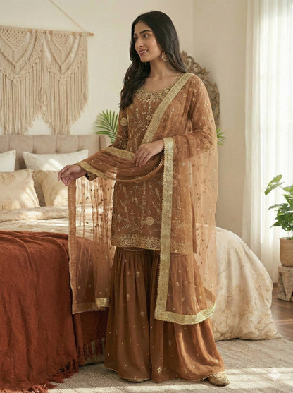 Glorious Brown Georgette Zarkan Work Sharara Suit