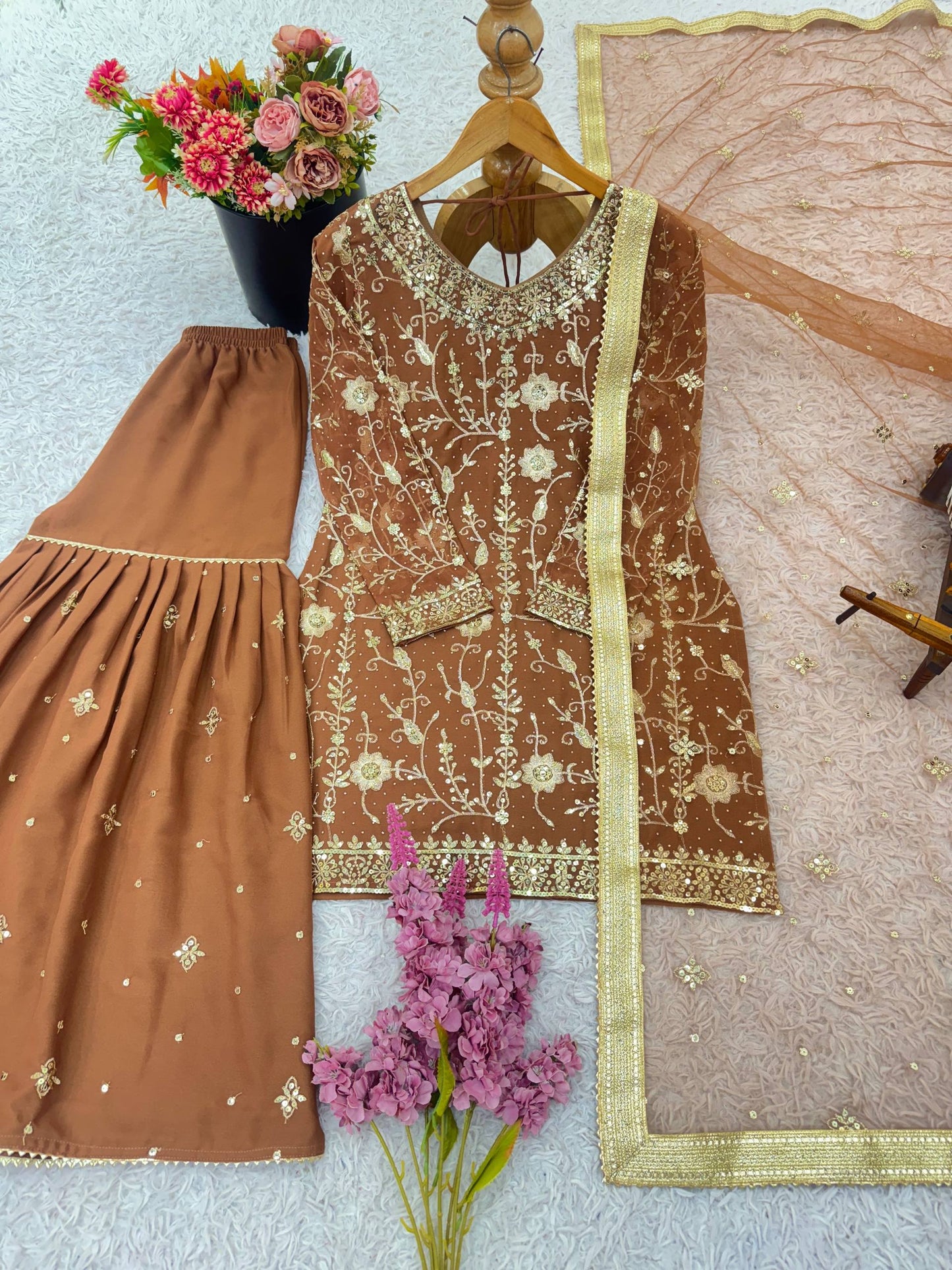 Glorious Brown Georgette Zarkan Work Sharara Suit