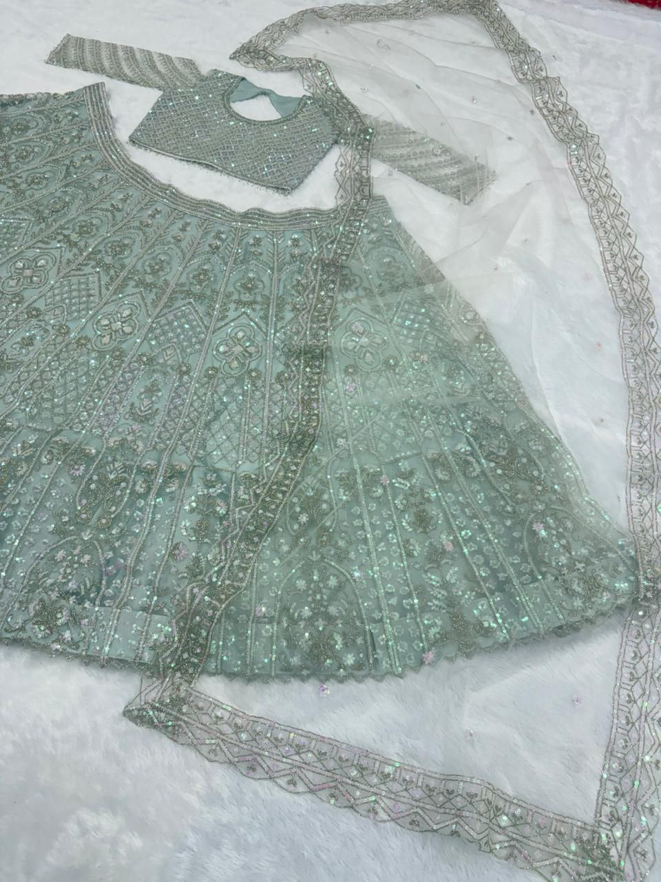 Stylish Silver Net With Embroidery Work Lehenga Choli