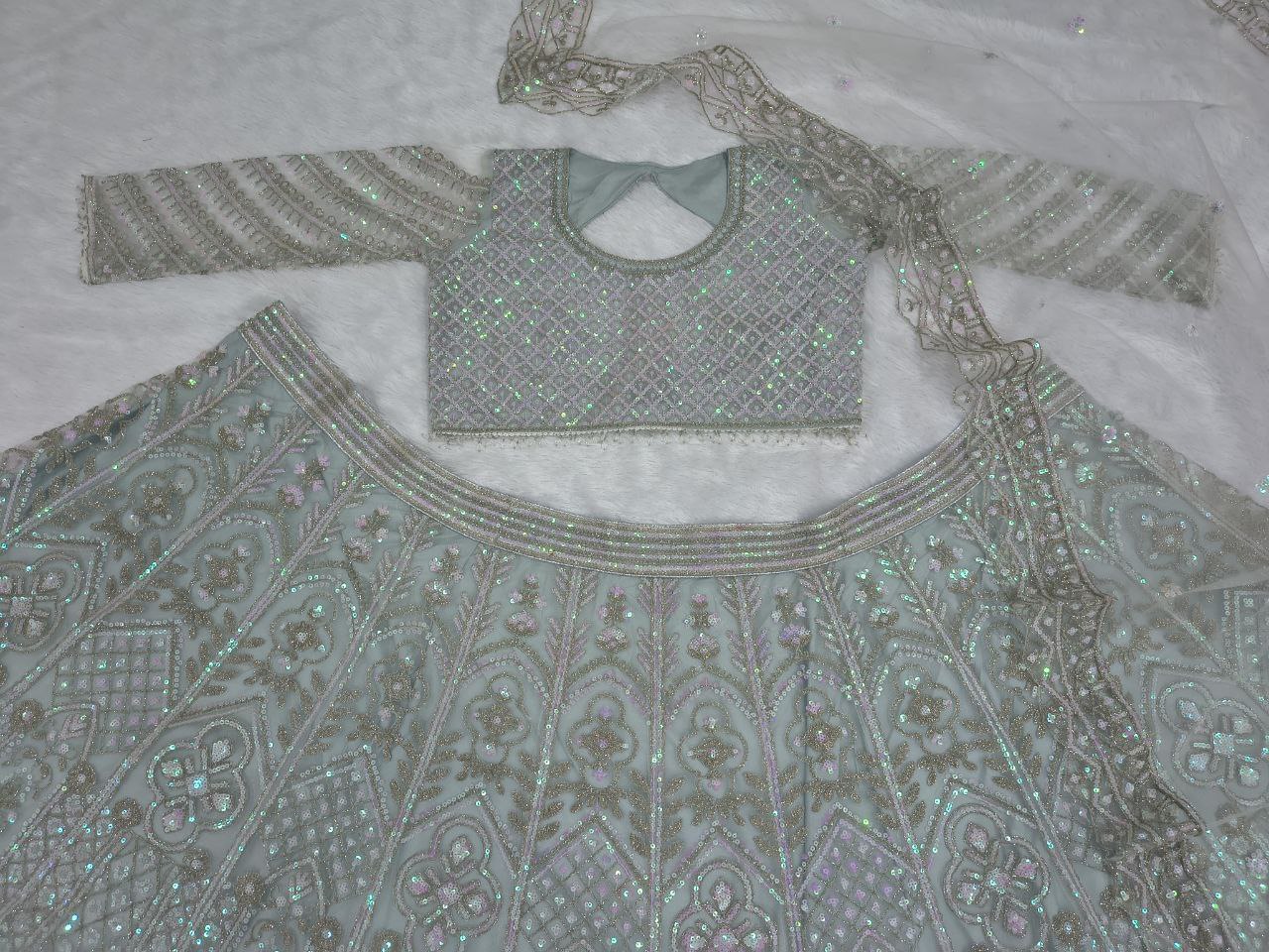 Stylish Silver Net With Embroidery Work Lehenga Choli