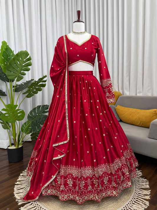 Pretty Red Satin Thread and Sequence Work Lehenga Choli