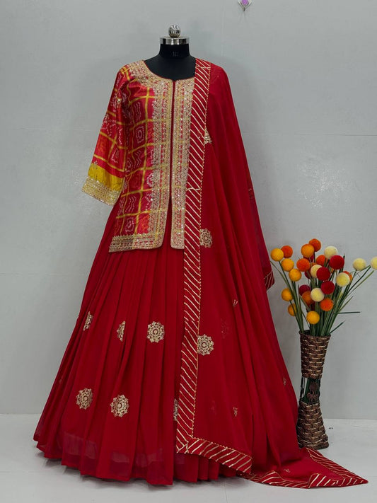 Graceful Red Chinon Embroidery Work Lehenga Choli