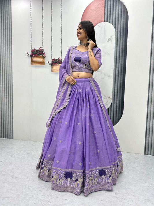 Glorious Purple Moss Shimar Embroidery Lehenga
