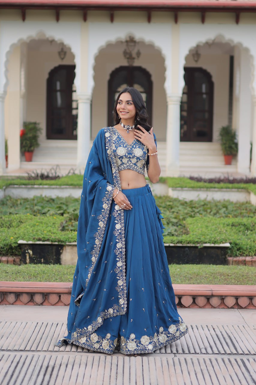 Glorious Blue Vichitra Silk Work Lehenga Choli
