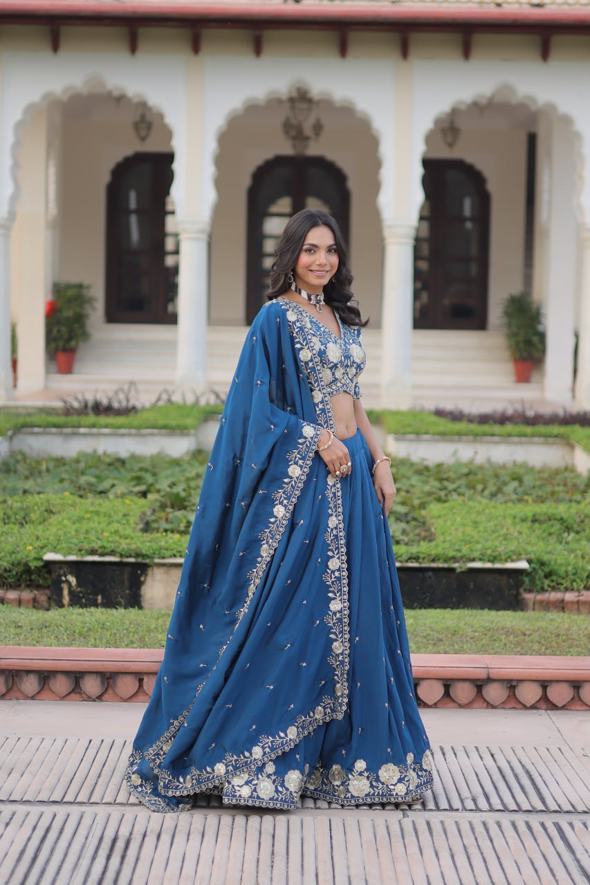 Glorious Blue Vichitra Silk Work Lehenga Choli
