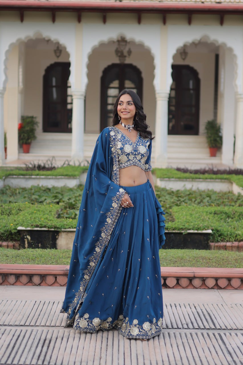 Glorious Blue Vichitra Silk Work Lehenga Choli
