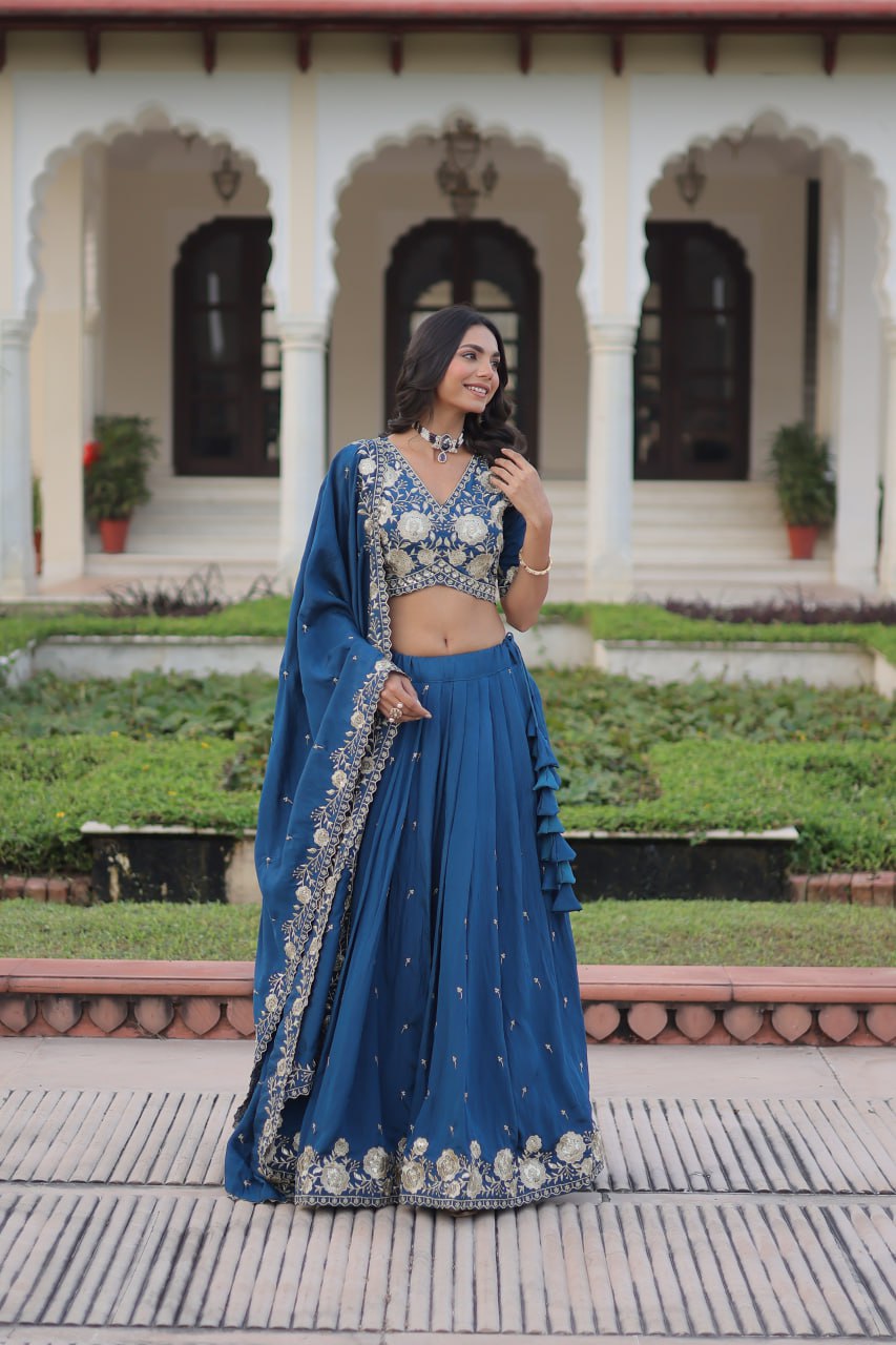 Glorious Blue Vichitra Silk Work Lehenga Choli