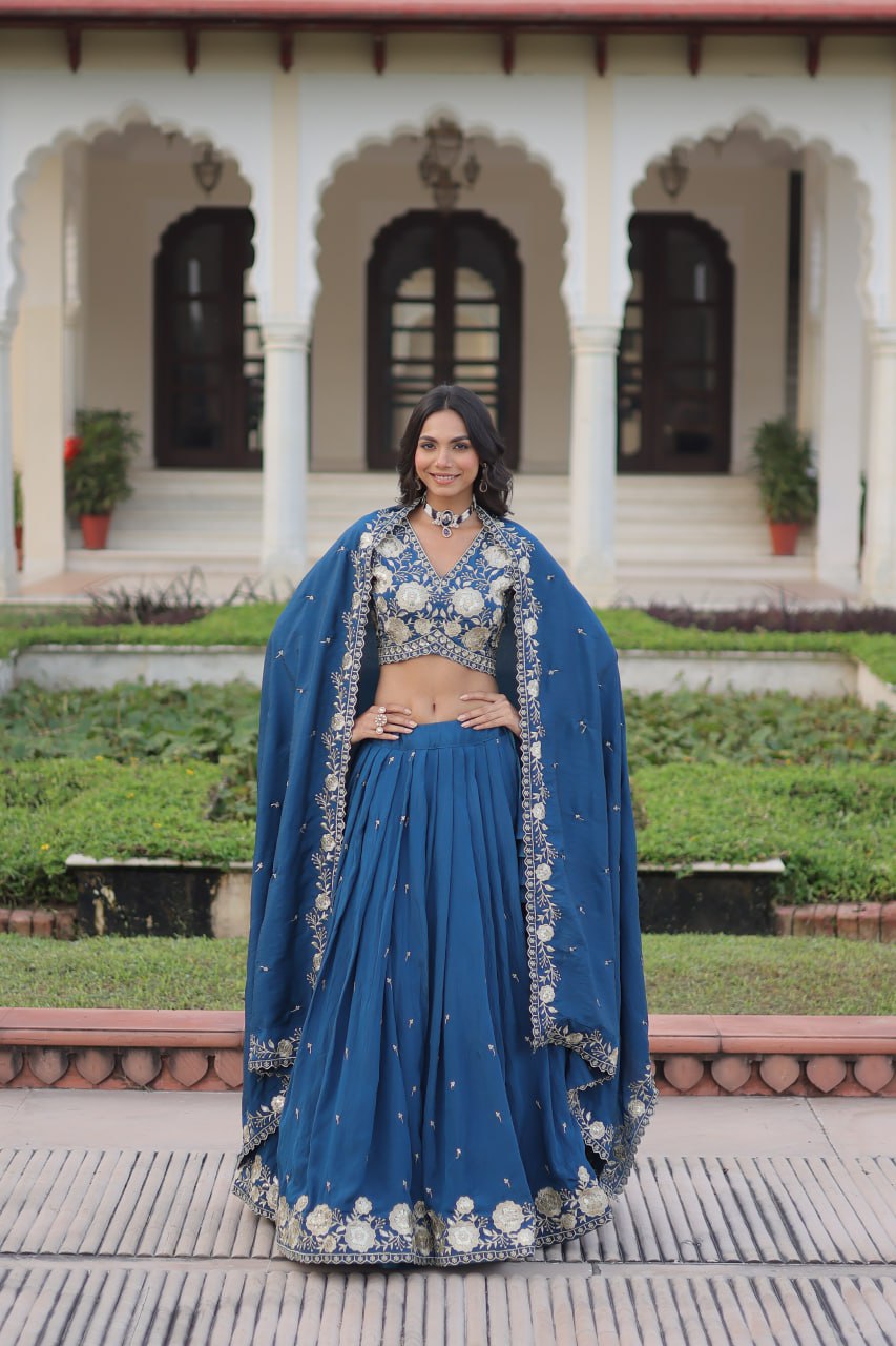 Glorious Blue Vichitra Silk Work Lehenga Choli