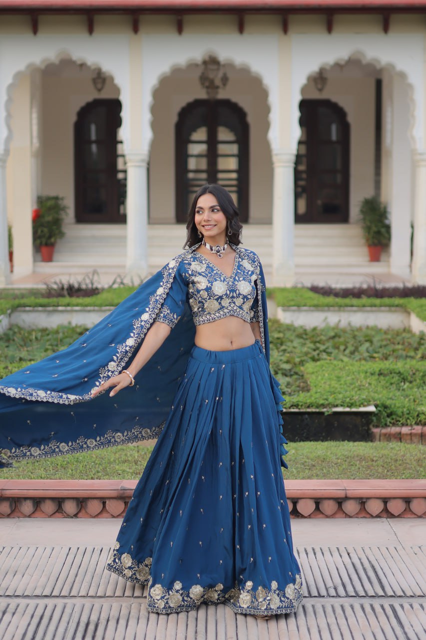 Glorious Blue Vichitra Silk Work Lehenga Choli