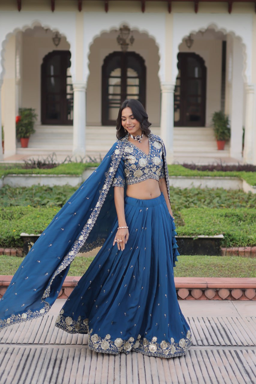 Glorious Blue Vichitra Silk Work Lehenga Choli