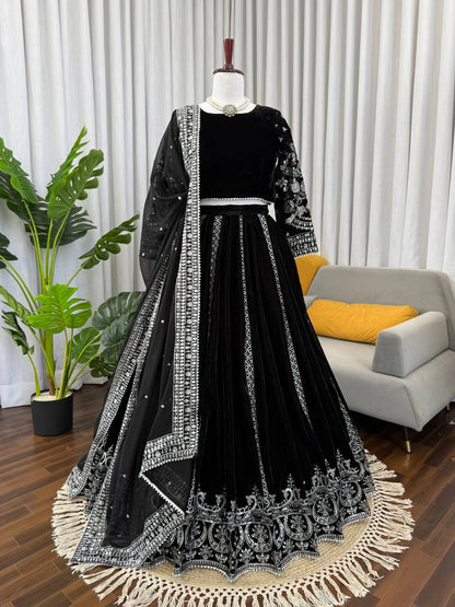 Captivating Black Velvet with Sequence Work Lehenga Choli