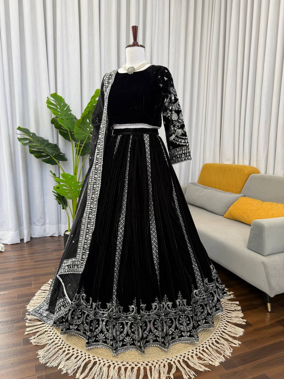 Captivating Black Velvet with Sequence Work Lehenga Choli