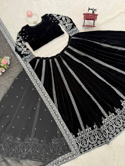 Captivating Black Velvet with Sequence Work Lehenga Choli
