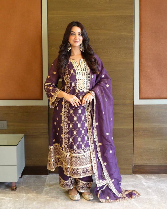 Lovely Purple Chinnon Embroidery Palazzo Suit