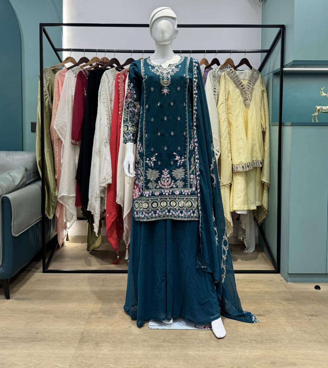 Stunning Blue Georgette Sequence Work Palazzo Suit