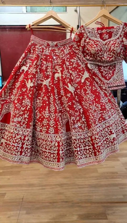 Trendy Red Net With Embroidery Work Lehenga