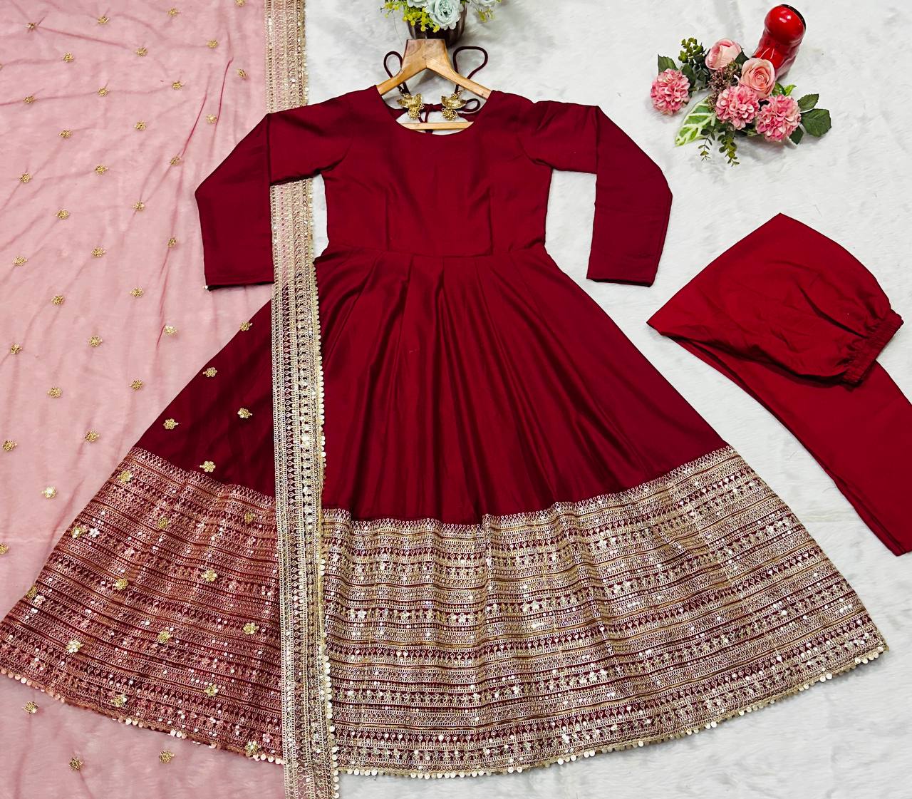 Pretty Red Rayon Embroidered Work Anarkali Suit