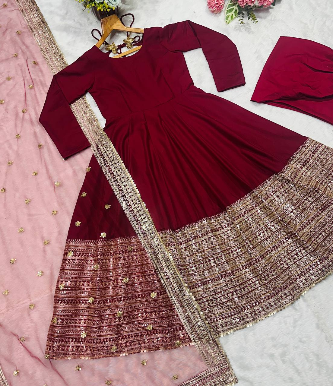 Pretty Red Rayon Embroidered Work Anarkali Suit