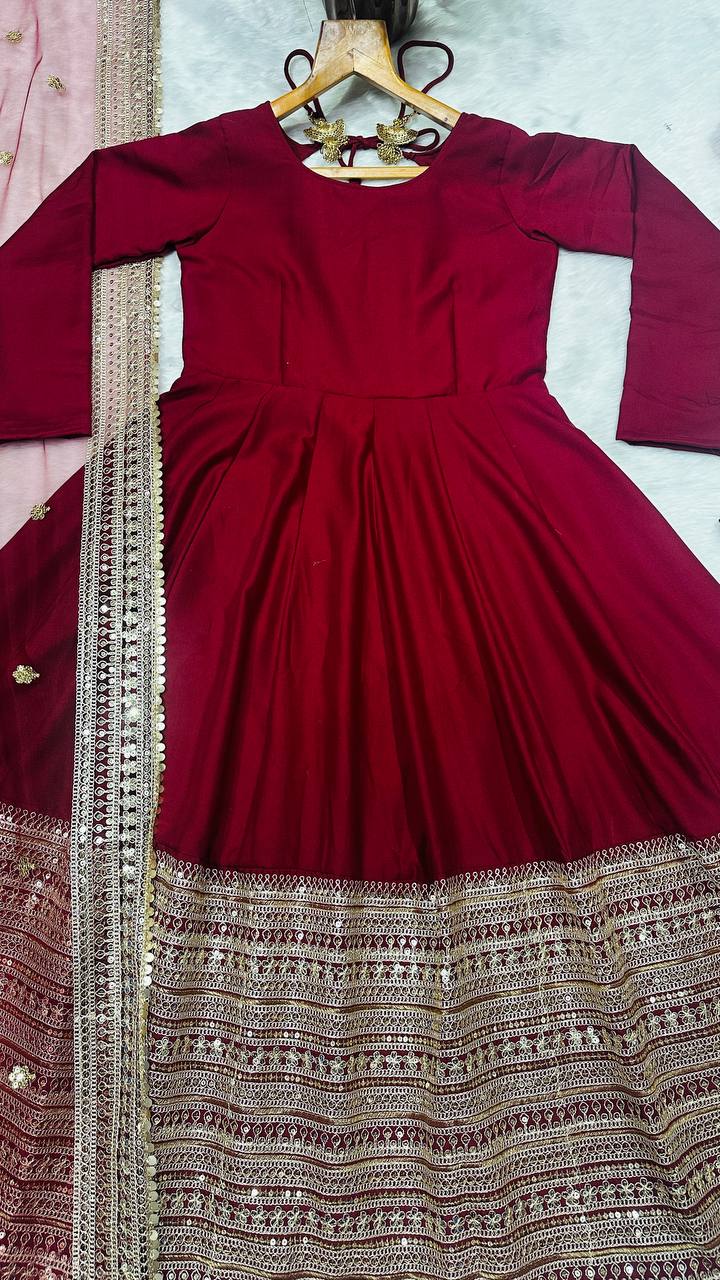 Pretty Red Rayon Embroidered Work Anarkali Suit