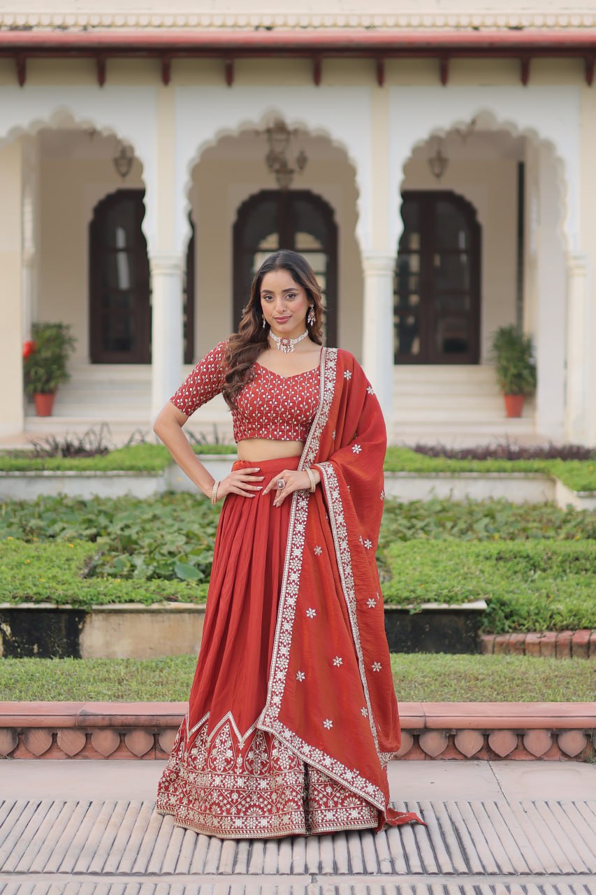 Stylish Red Silk Embroidered Lehenga Choli