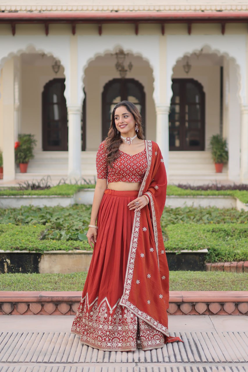 Stylish Red Silk Embroidered Lehenga Choli