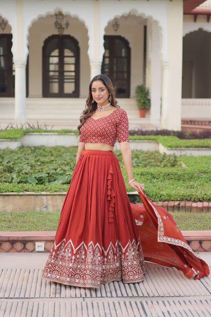 Stylish Red Silk Embroidered Lehenga Choli