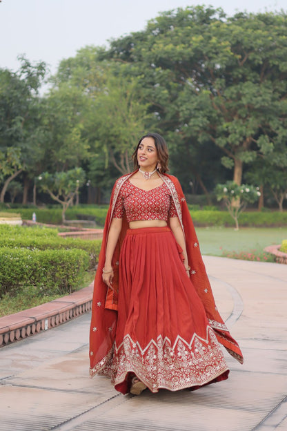 Stylish Red Silk Embroidered Lehenga Choli