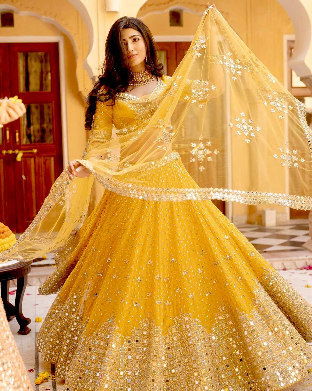 Graceful Yellow Georgette Mirror Work Lehenga Choli