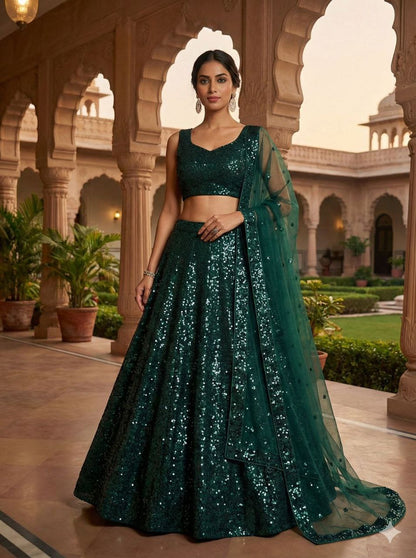 Marvelous Green Tapeta Satin Silk Sequence Work Lehenga Choli