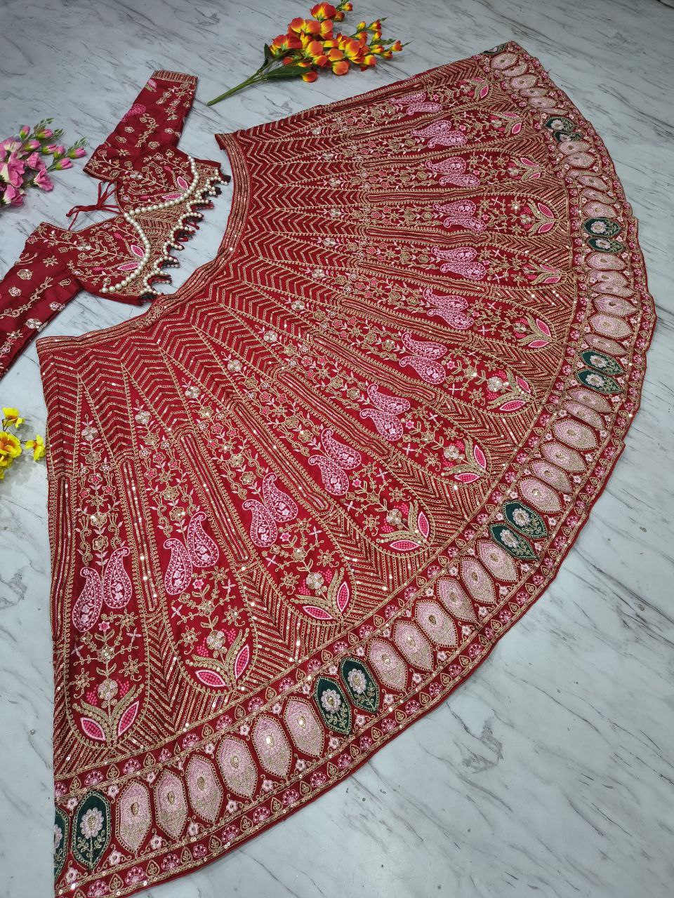 Lovely Red Silk With Embroidery Work Lehenga Choli