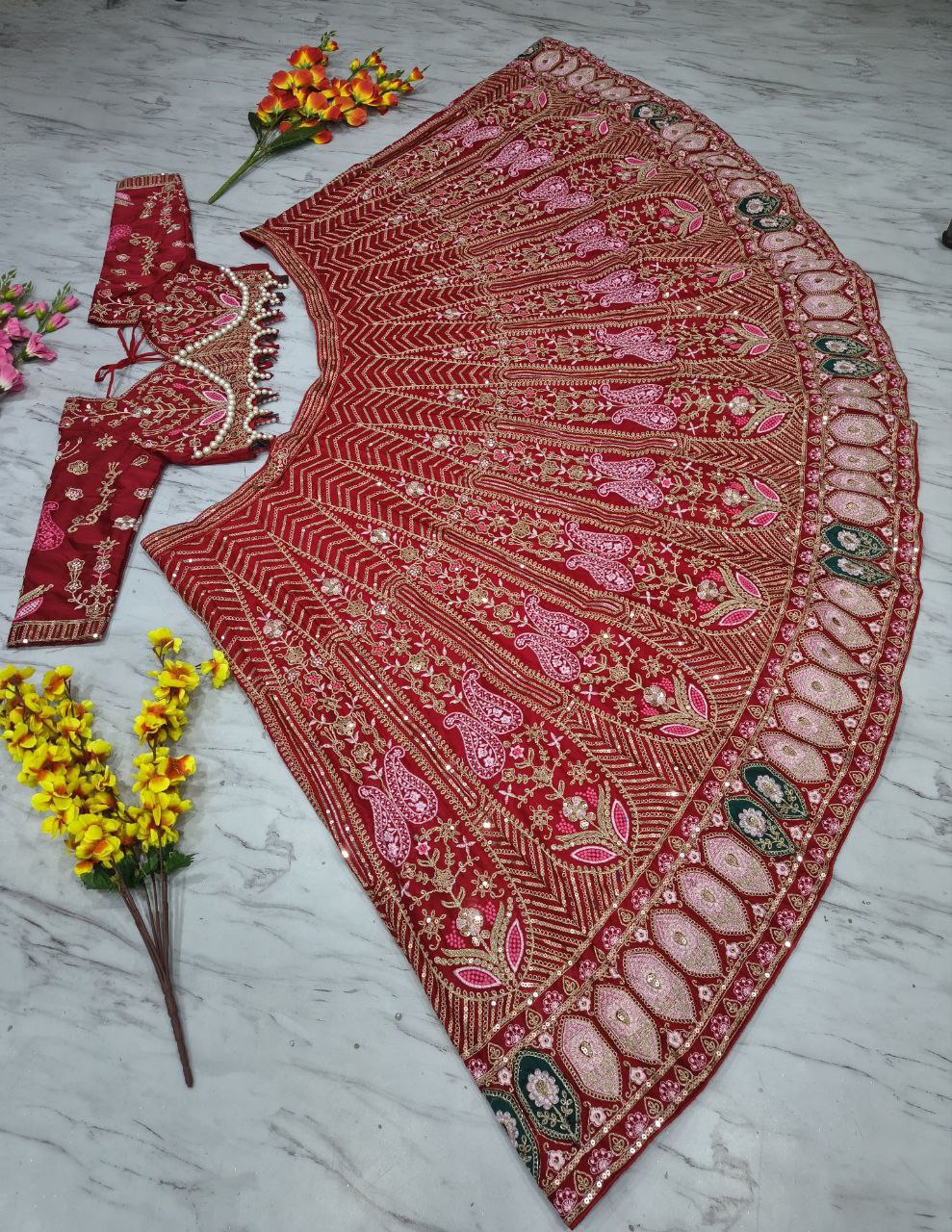 Lovely Red Silk With Embroidery Work Lehenga Choli