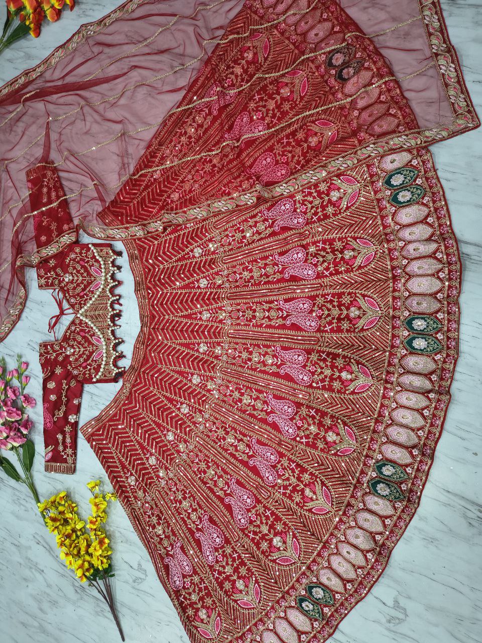Lovely Red Silk With Embroidery Work Lehenga Choli
