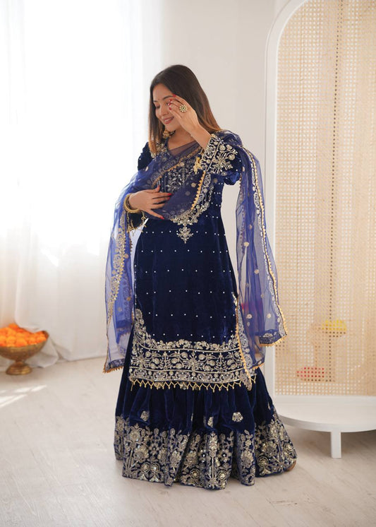 Glorious Blue Velvet with Cording Work Sharara Suit