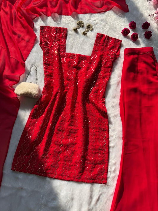 Attractive Red Georgette Sequence Work Palazzo Suit