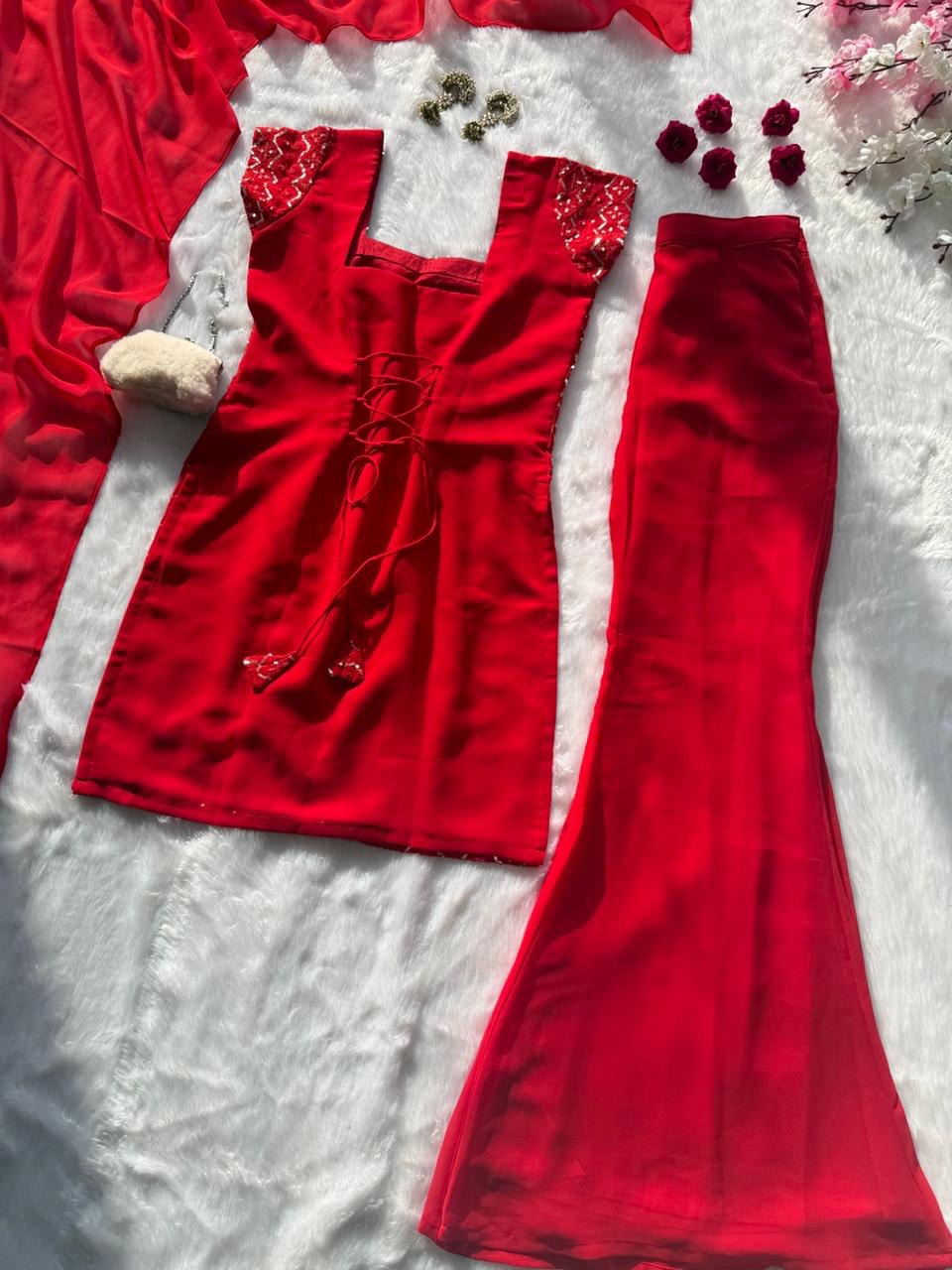 Attractive Red Georgette Sequence Work Palazzo Suit