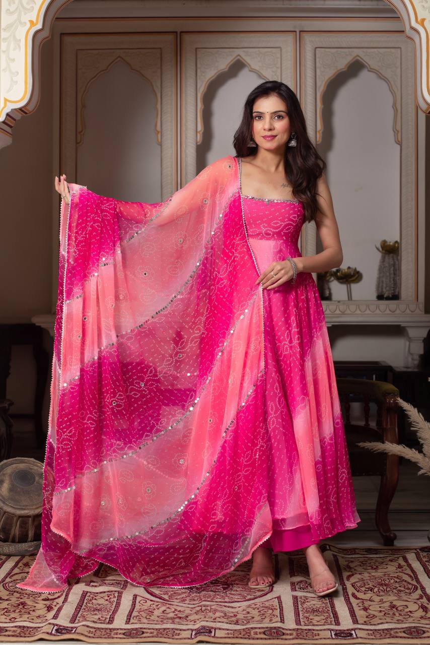 Lovely Pink Foux Gorgette with Mirror Handwork Anarkali Suit