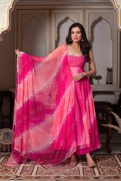 Lovely Pink Foux Gorgette with Mirror Handwork Anarkali Suit