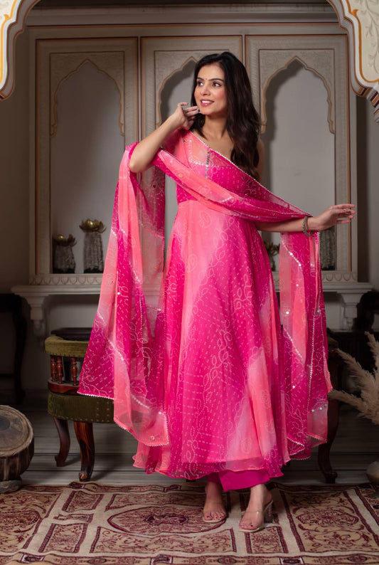 Lovely Pink Foux Gorgette with Mirror Handwork Anarkali Suit