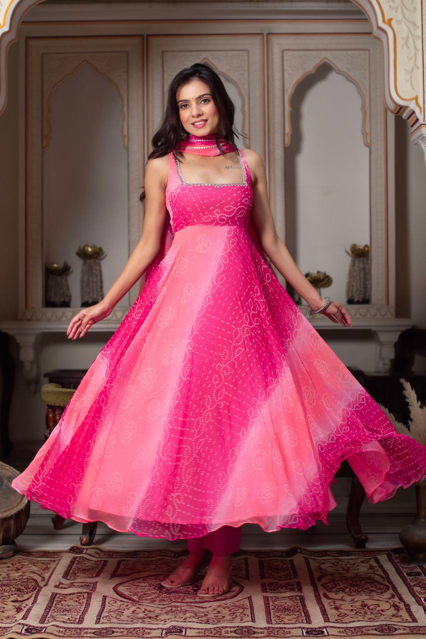 Lovely Pink Foux Gorgette with Mirror Handwork Anarkali Suit