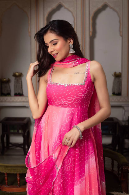 Lovely Pink Foux Gorgette with Mirror Handwork Anarkali Suit