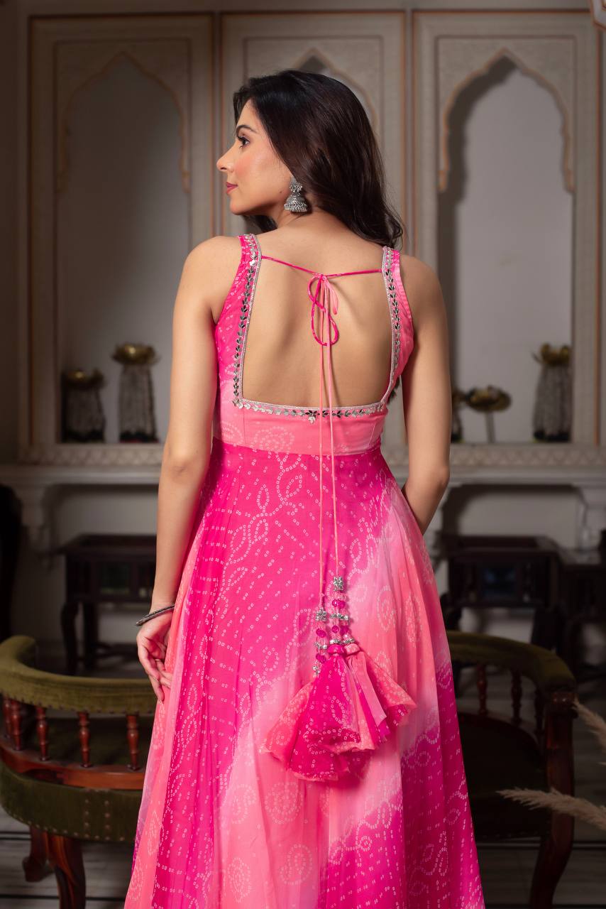 Lovely Pink Foux Gorgette with Mirror Handwork Anarkali Suit