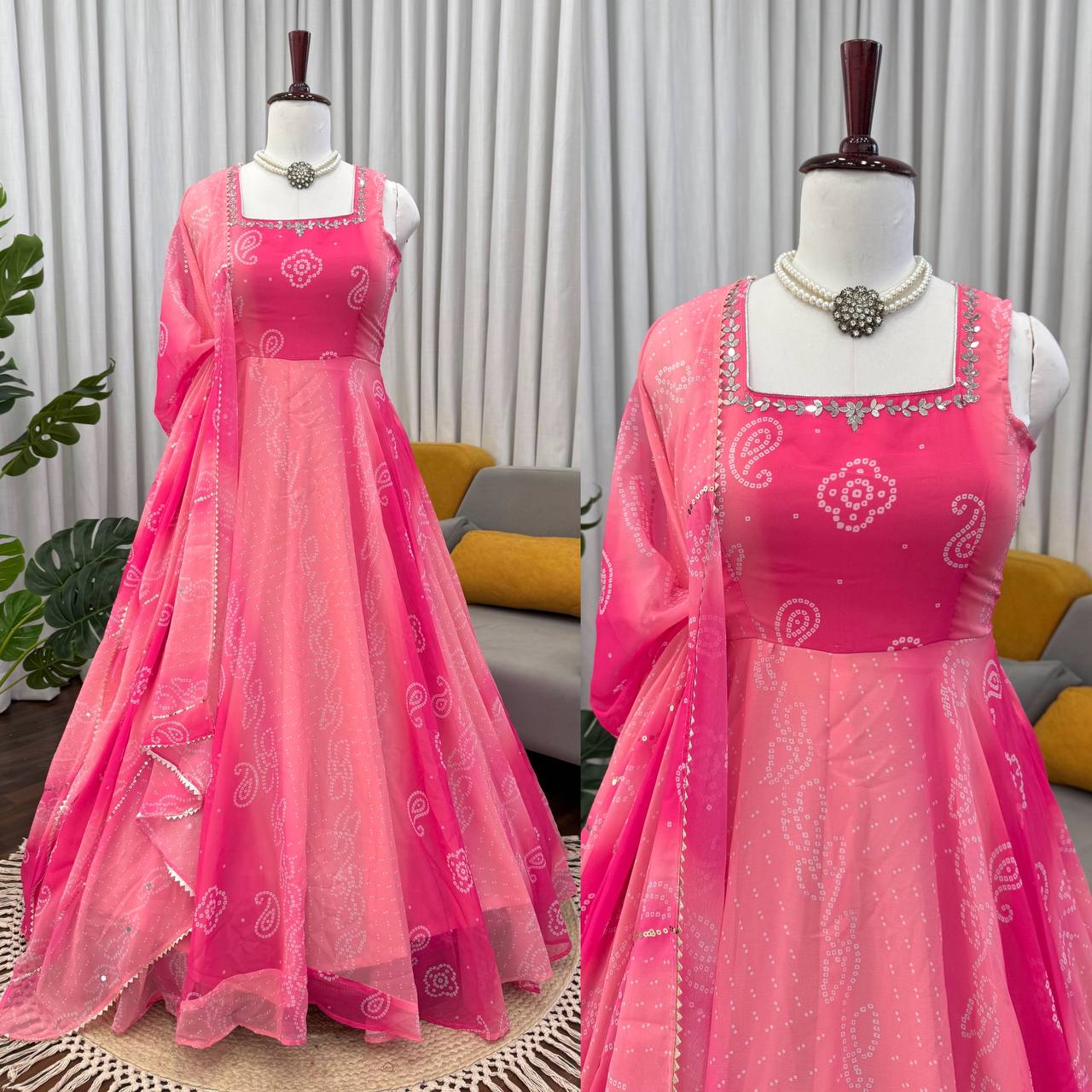 Lovely Pink Foux Gorgette with Mirror Handwork Anarkali Suit
