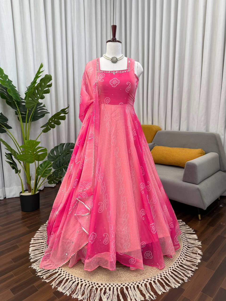 Lovely Pink Foux Gorgette with Mirror Handwork Anarkali Suit