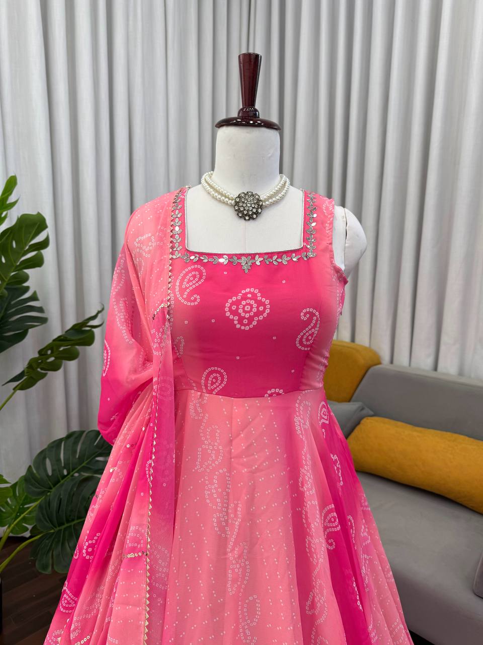 Lovely Pink Foux Gorgette with Mirror Handwork Anarkali Suit
