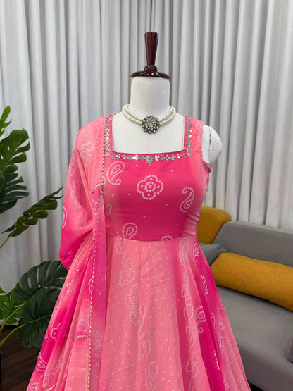 Lovely Pink Foux Gorgette with Mirror Handwork Anarkali Suit